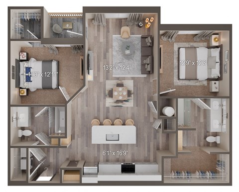 Floor plan for 2 beds, 2 baths, 1145 sqft